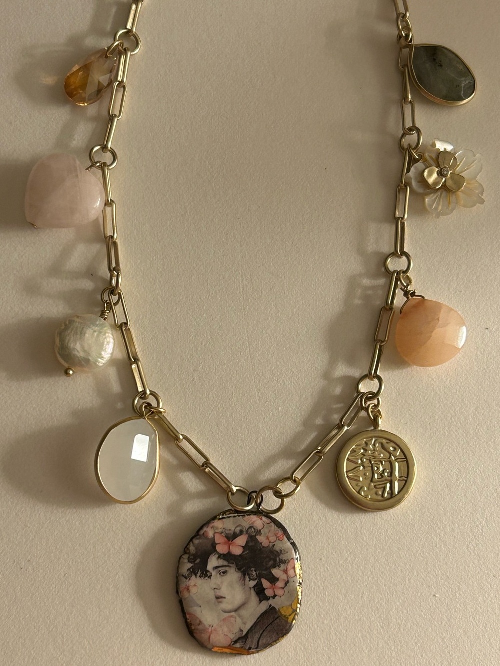 Loft & Artisan NWOT Necklace “Butterflies R Free” Ceramic, Rose Quartz pendant